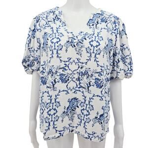 CeCe Split Neck Puff Sleeve Top Blue White L